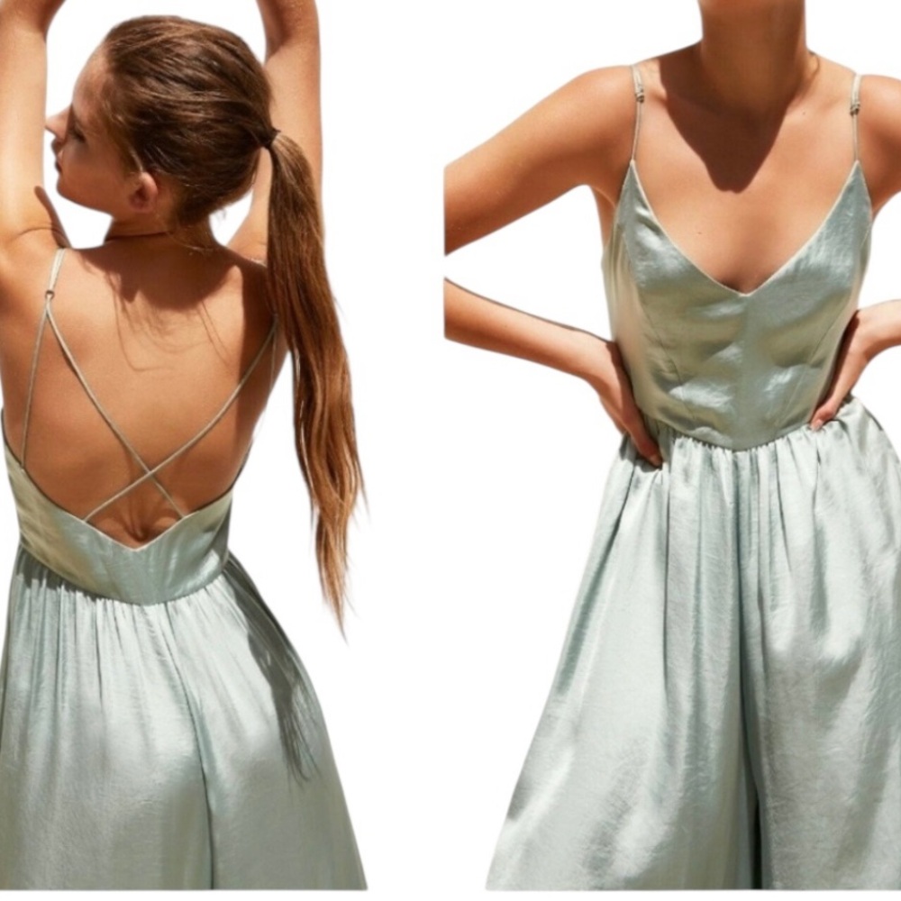 ZARA Women’s Mint Green Wide Leg Satin Jumpsuit ~ Size M - Picture 2 of 15